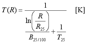 T（R）= 1 /（（ln（R / R_25）/ B_25_100）+（1 / T_25））